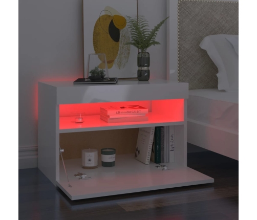 Mesita de noche con LED contrachapada blanco brillo 60x35x40 cm