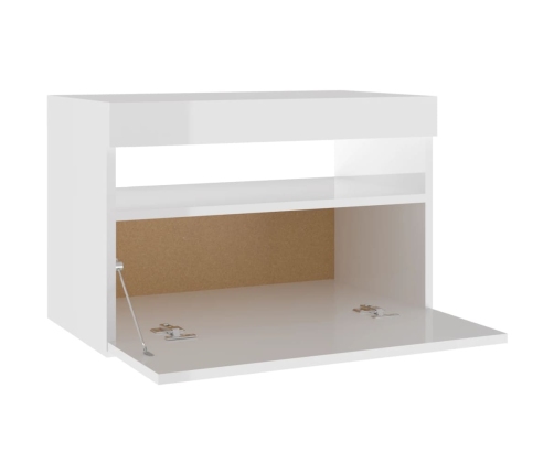 Mesita de noche con LED contrachapada blanco brillo 60x35x40 cm