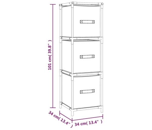 Armario almacenaje de acero con 3 cajones tela gris 34x34x101cm