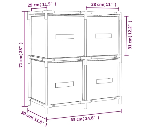 Armario almacenaje de acero con 4 cestas tela gris 63x30x71 cm