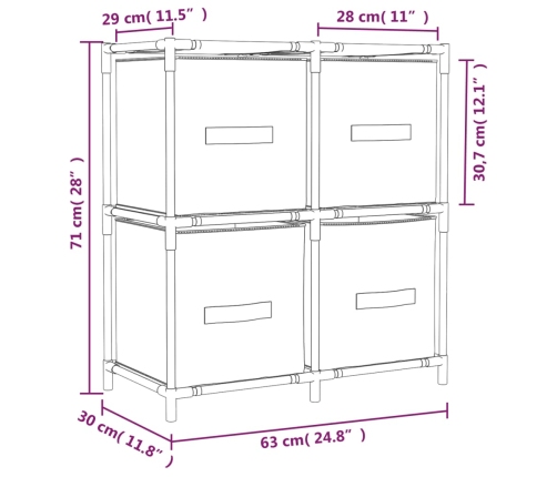 Armario almacenaje de acero con 4 cestas tela crema 63x30x71 cm