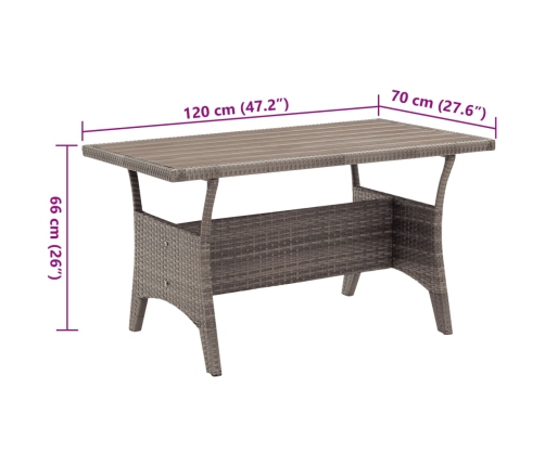 vidaXL Mesa de jardín ratán sintético gris 120x70x66 cm