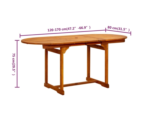 Mesa de comedor jardín madera maciza acacia (120-170)x80x75 cm