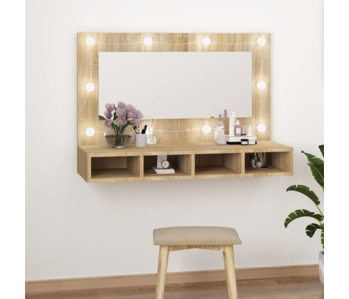 Mueble con espejo y luces LED color roble Sonoma 90x31,5x62 cm