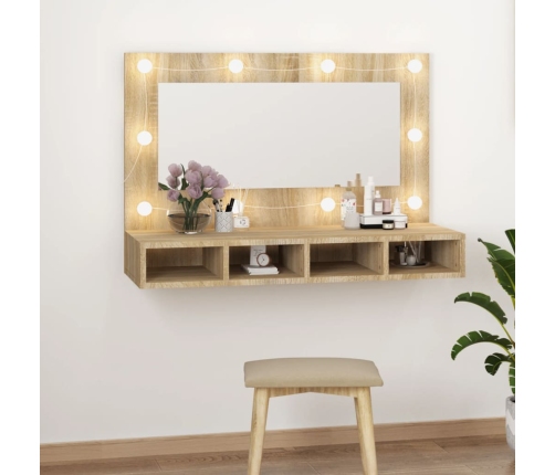 Mueble con espejo y luces LED color roble Sonoma 90x31,5x62 cm