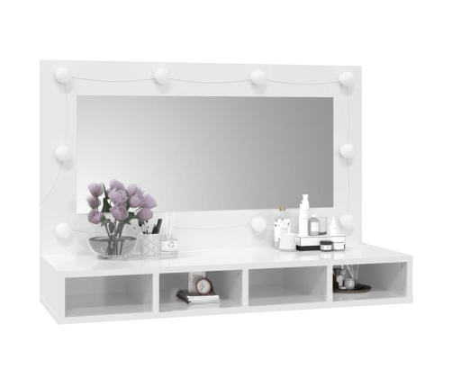 Mueble con espejo y luces LED blanco brillante 90x31,5x62 cm