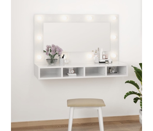 Mueble con espejo y luces LED blanco brillante 90x31,5x62 cm