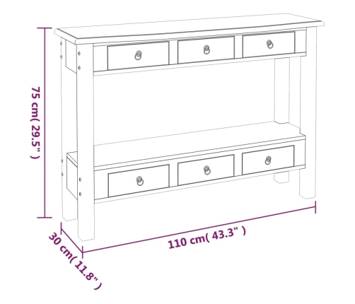 Mesa consola con cajones madera maciza de caoba 110x30x75 cm