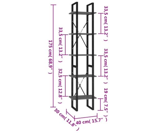 Estantería de 5 niveles madera de ingeniería gris 40x30x175 cm