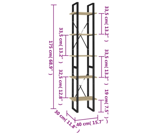 vidaXL Estantería 5 niveles madera de ingeniería Sonoma 40x30x175 cm