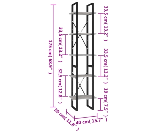 Estantería de 5 niveles madera de ingeniería gris 40x30x175 cm