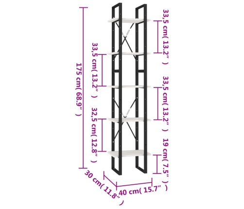 Estantería librería 5 niveles madera de pino blanco 40x30x175cm