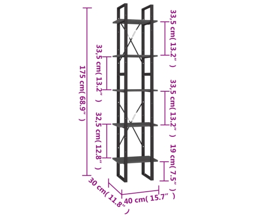 Estantería librería 5 niveles madera de pino gris 40x30x175 cm