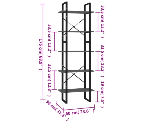 Estantería de 5 niveles madera de ingeniería gris 60x30x175 cm