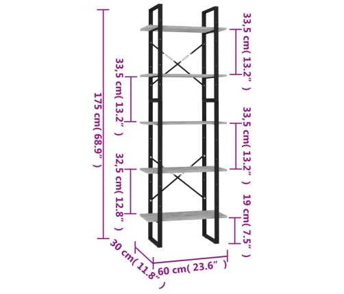 Estantería de 5 niveles madera de ingeniería gris 60x30x175 cm