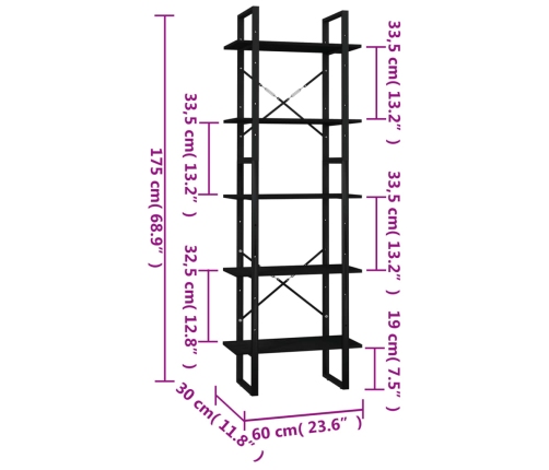 Estantería 5 niveles madera de pino negro 60x30x175 cm