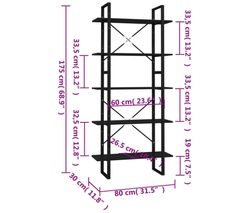 Estantería de 5 niveles madera de ingeniería negra 80x30x175 cm