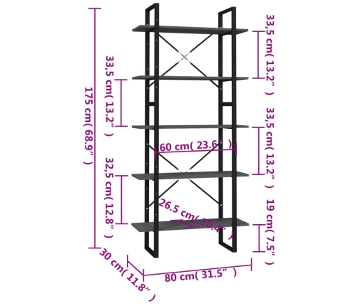 vidaXL Estantería de 5 niveles madera de ingeniería gris 80x30x175 cm