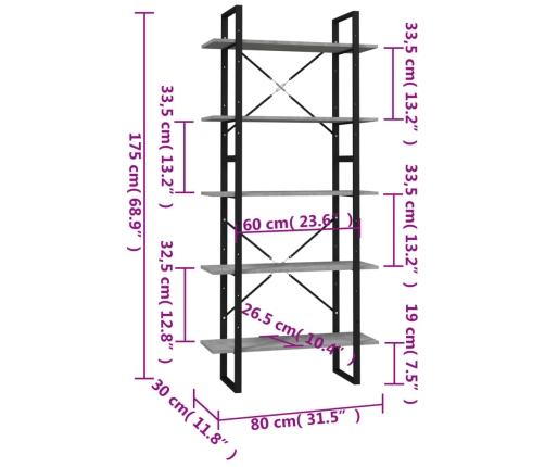 vidaXL Estantería 5 pisos madera ingeniería gris hormigón 80x30x175 cm