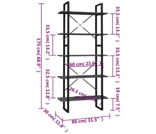 Estantería de 5 niveles madera de pino gris 80x30x175 cm