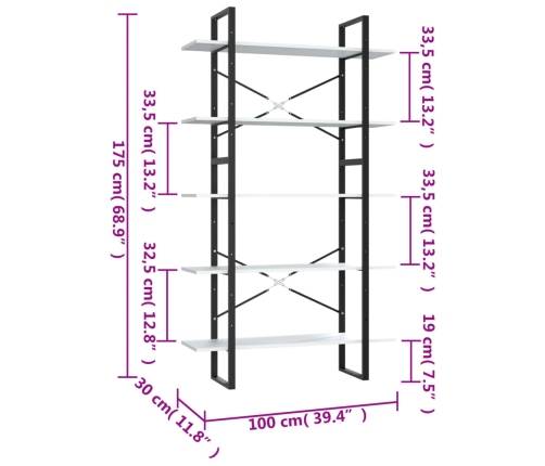 Estantería de 5 niveles madera ingeniería blanca 100x30x175 cm