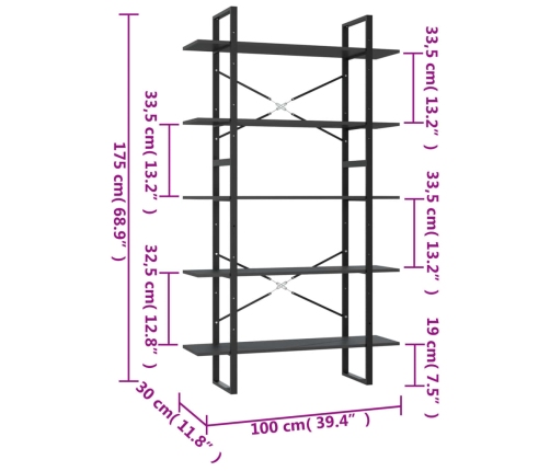 vidaXL Estantería 5 niveles madera ingeniería gris 100x30x175 cm