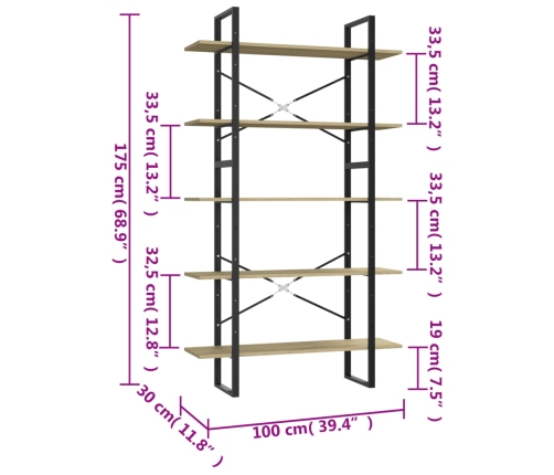 Estantería 5 niveles madera contrachapada Sonoma 100x30x175 cm