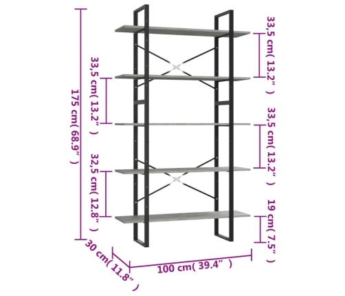 vidaXL Estantería 5 pisos madera ingeniería gris hormigón 100x30x175cm