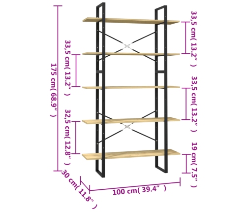 Estantería de 5 niveles madera maciza de pino 100x30x175 cm