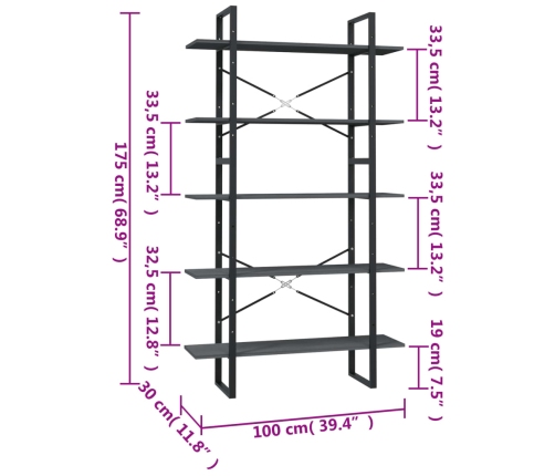 Estantería de 5 niveles madera pino maciza gris 100x30x175 cm