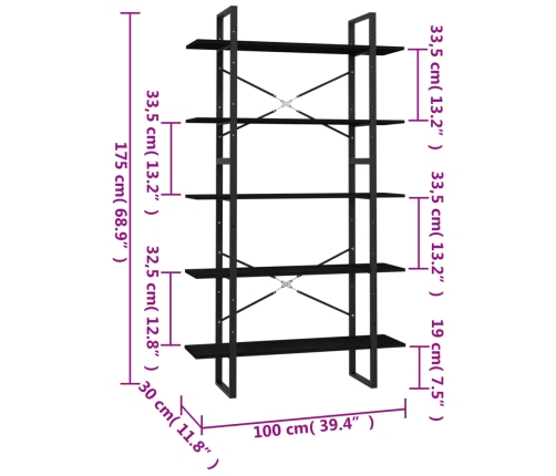 Estantería de 5 niveles madera de pino negro 100x30x175 cm