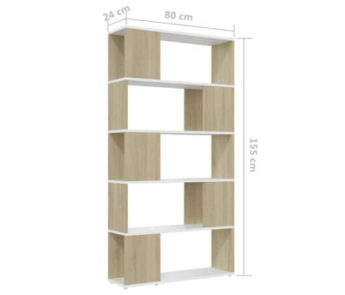 Librería separador contrachapada blanco y roble 80x24x155 cm