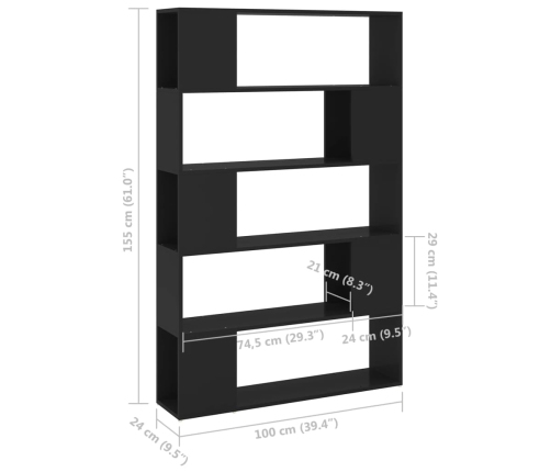 Librería separador madera contrachapada negro 100x24x155 cm