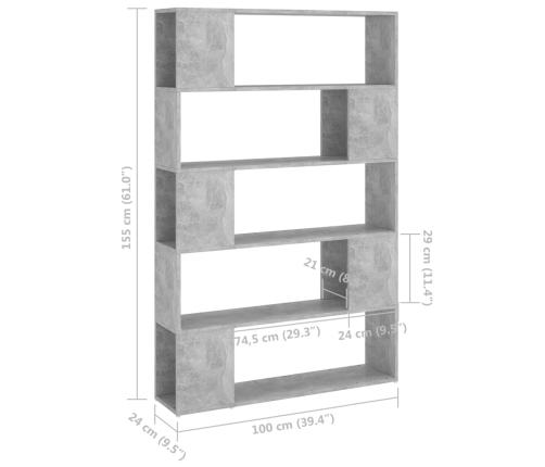 Librería separador contrachapada gris hormigón 100x24x155 cm