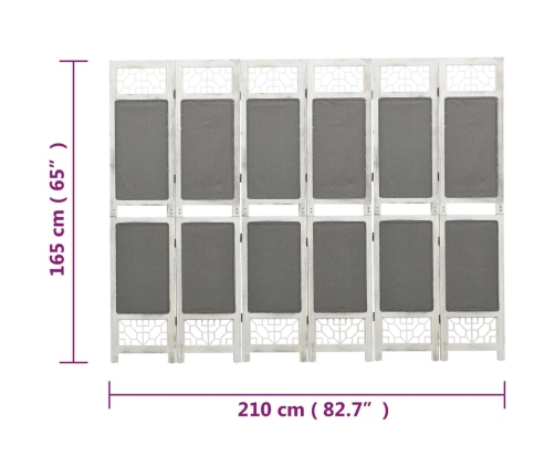 Biombo divisor de 6 paneles de tela gris 210x165 cm