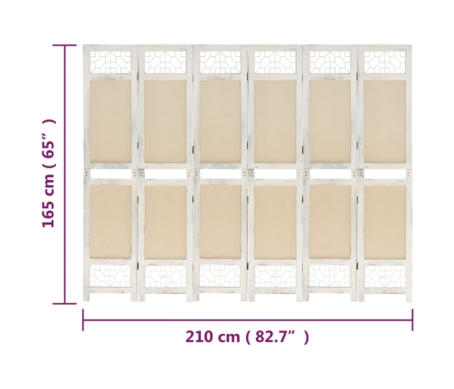 Biombo divisor de 6 paneles de tela color crema 210x165 cm