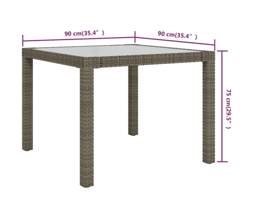 Mesa jardín vidrio templado ratán sintético 90x90x75 cm gris