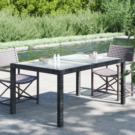 Mesa jardín vidrio templado ratán sintético 150x90x75 cm negro