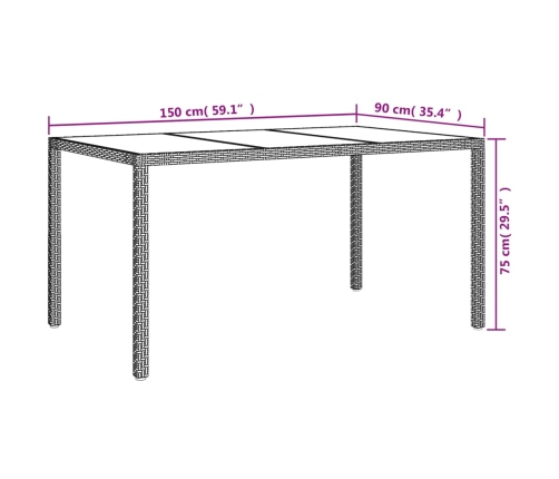 vidaXL Mesa jardín vidrio templado ratán sintético 150x90x75 cm negro