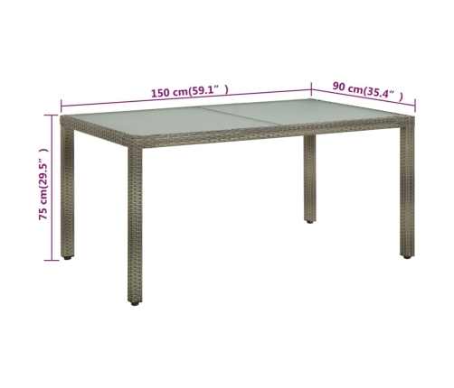 Mesa de jardín vidrio templado ratán sintético gris 150x90x75cm