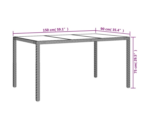 Mesa jardín vidrio templado ratán sintético 150x90x75 cm gris