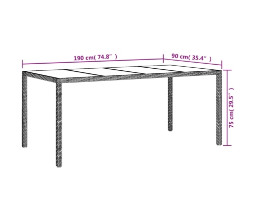 vidaXL Mesa jardín vidrio templado ratán sintético marrón 190x90x75 cm