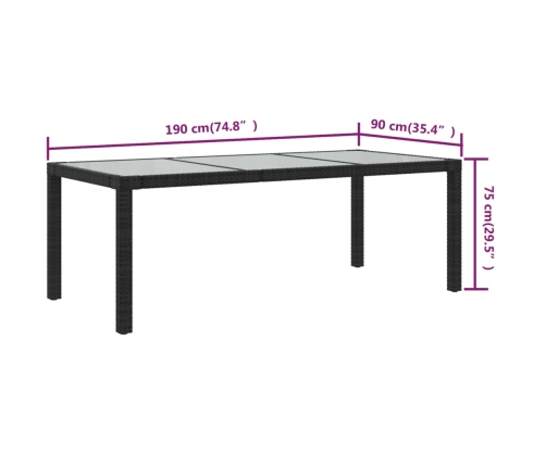 vidaXL Mesa jardín vidrio templado ratán sintético negra 190x90x75 cm