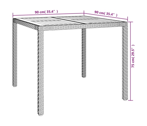 Mesa de jardín ratán PE madera acacia maciza gris 90x90x75 cm