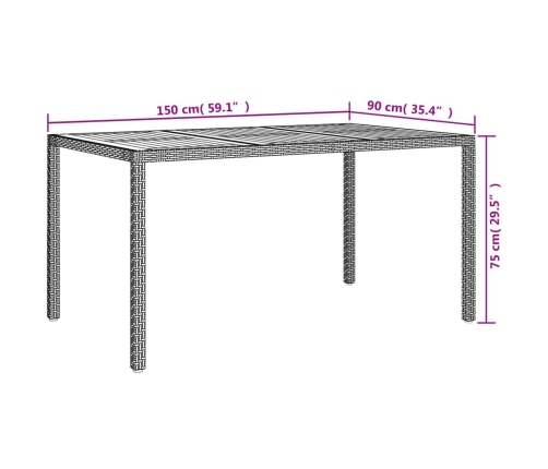 Mesa de jardín madera acacia ratán sintético negro 150x90x75 cm