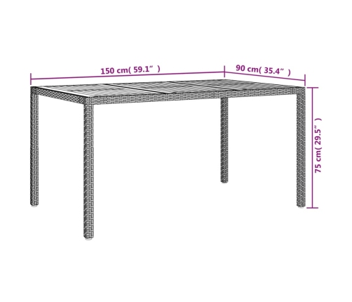 Mesa de jardín ratán sintético madera acacia gris 150x90x75 cm