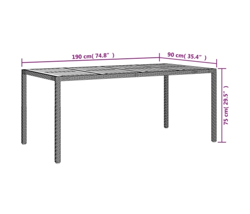 Mesa de jardín madera acacia ratán sintético negra 190x90x75 cm