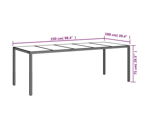 Mesa de jardín de vidrio templado ratán PE marrón 250x100x75 cm