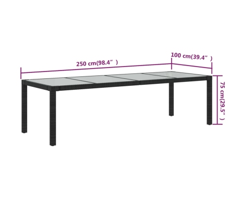 Mesa de jardín de vidrio templado ratán PE negra 250x100x75 cm