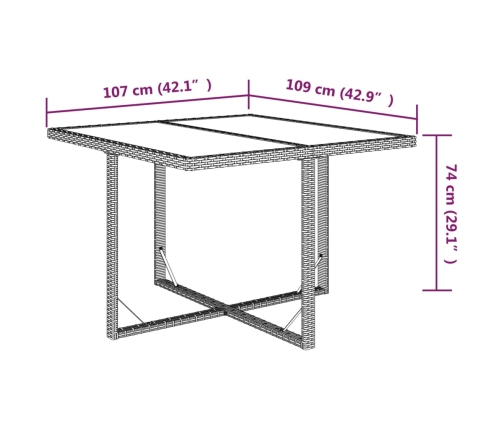 Mesa de jardín ratán sintético y vidrio marrón 109x107x74 cm